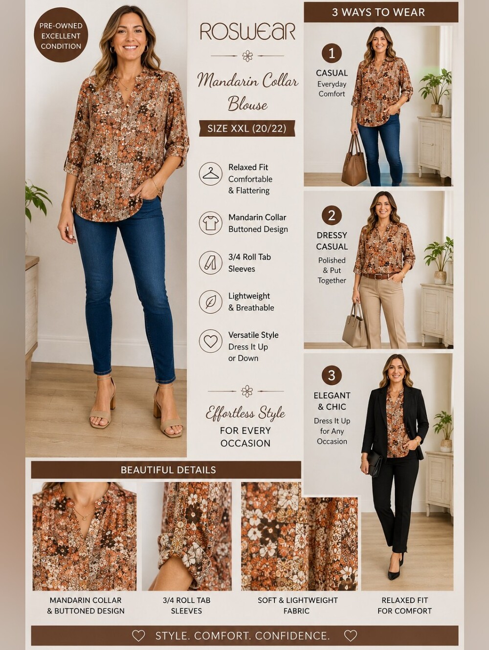 Roswear Brown Mandarin Collar Blouse 3/4 Sleeve Relaxed Fit Women’s XXL